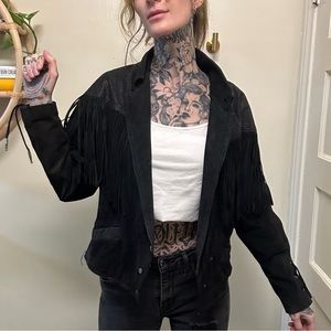 Vintage Black Real Leather Fringe Jacket Adjustable Size L